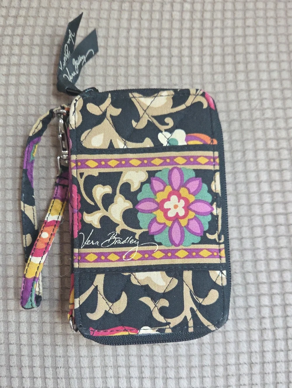 Vera Bradley Black Floral Quilted Wristlet with Purple & Pink Accents
